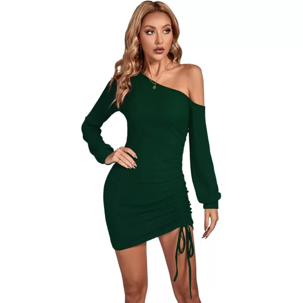 LYANER Women's Sexy One Shoulder Long Sleeve Side Drawstring Bodycon Party Club Mini Dress