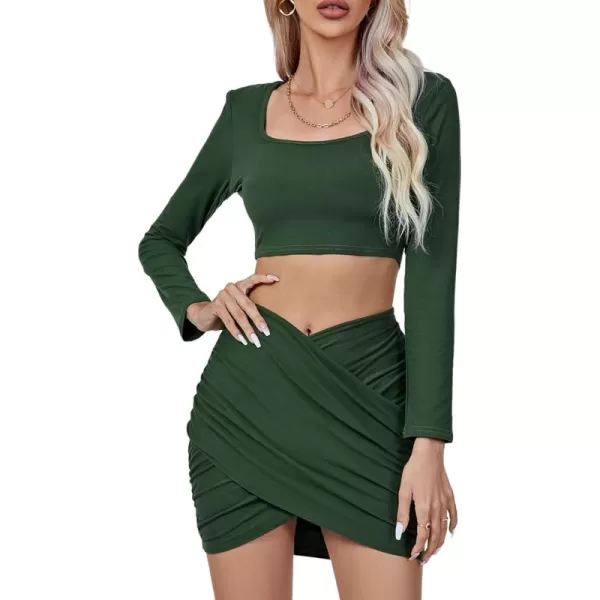 LYANER Women's 2 Piece Outfits Square Neck Slim Fit Crop Top and Cross Wrap Mini Skirt Set