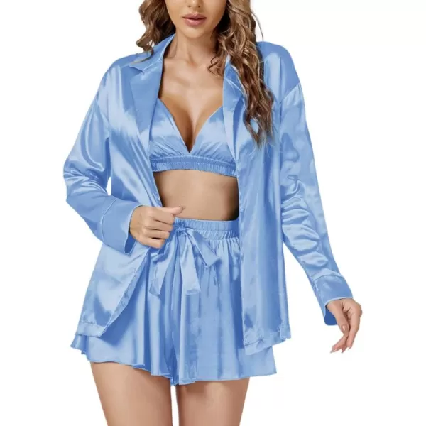 LYANER Women’s 3 Pieces Satin Cami Shorts Pajamas Rope Set Crop Sleepwear Lingerie Loungewear Set