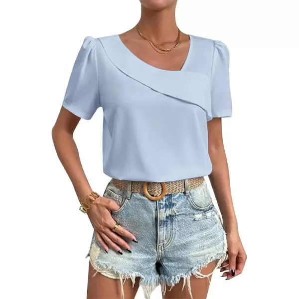 LYANER Women's Casual Asymmetrical V Neck Pleated Short Sleeve Blouse Shirt Top