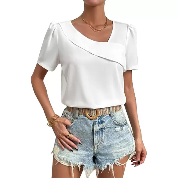 LYANER Women's Casual Asymmetrical V Neck Pleated Short Sleeve Blouse Shirt Top