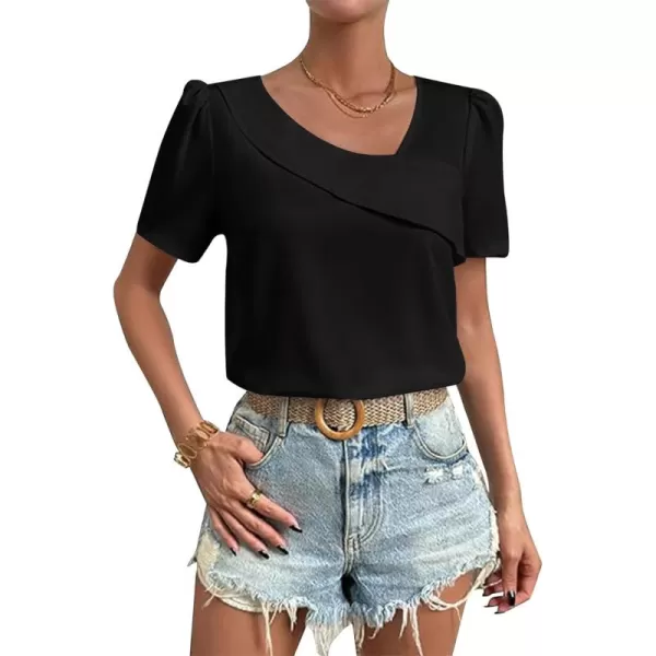 LYANER Women's Casual Asymmetrical V Neck Pleated Short Sleeve Blouse Shirt Top
