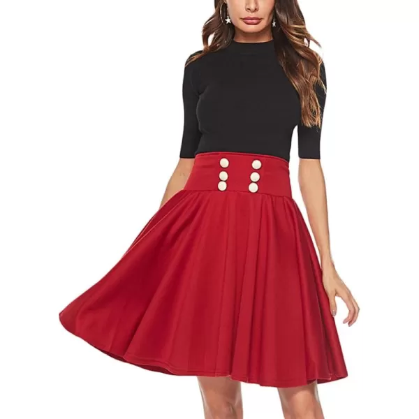 LYANER Women's Casual Button Front Elastic High Waist Flared A-Line Solid Color Midi Skirt