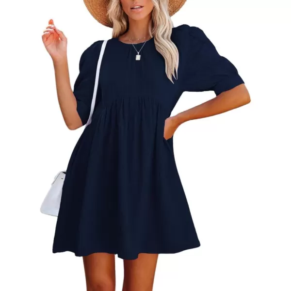 LYANER Women's Crewneck High Waist Puff Short Sleeve Button Back Babydoll A-line Mini Dress with Pocket