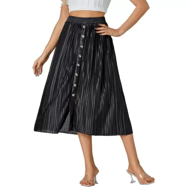 LYANER Women's Elastic High Waisted Pleated Button Front Split Skirt Midi Swing A-line Skirts