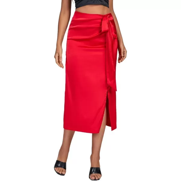LYANER Women's Elegant Satin Split Slit Hem Side Tie Basic Zipper High Waist Pencil Midi Skirt