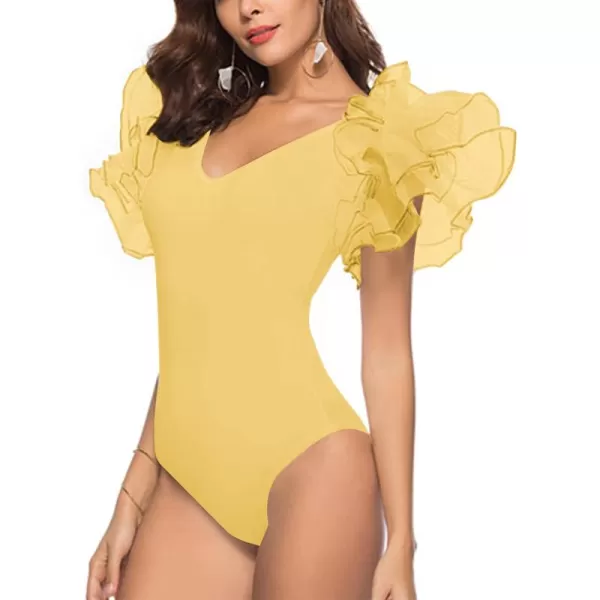 LYANER Women’s Layer Ruffle Butterfly Sleeve V Neck Stretchy Party Skinny Bodysuit Romper Leotard