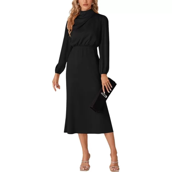 LYANER Women's Satin Long Sleeve Elastic High Waist Ruched Solid Midi Dress