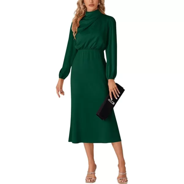 LYANER Women's Satin Long Sleeve Elastic High Waist Ruched Solid Midi Dress
