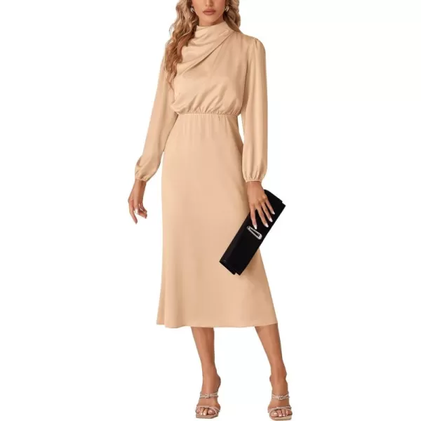 LYANER Women's Satin Long Sleeve Elastic High Waist Ruched Solid Midi Dress