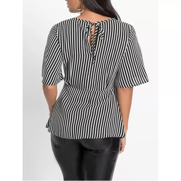 LYANER 2024 Women's Elegant Peplum Tops Crew Neck Tie Waist Short Bell Sleeve Stripe Shirts Blouse