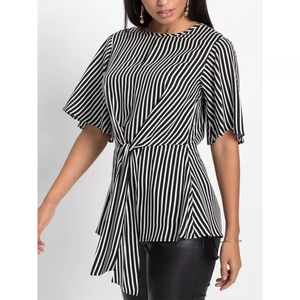 LYANER 2024 Women's Elegant Peplum Tops Crew Neck Tie Waist Short Bell Sleeve Stripe Shirts Blouse