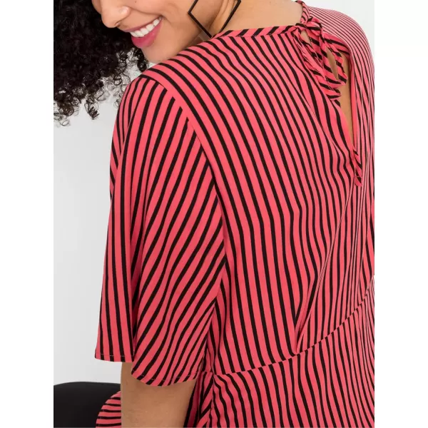 LYANER 2024 Women's Elegant Peplum Tops Crew Neck Tie Waist Short Bell Sleeve Stripe Shirts Blouse