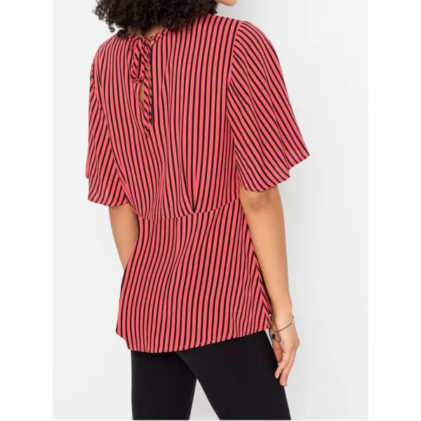 LYANER 2024 Women's Elegant Peplum Tops Crew Neck Tie Waist Short Bell Sleeve Stripe Shirts Blouse