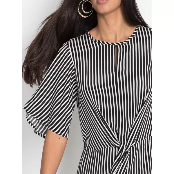 LYANER 2024 Women's Elegant Peplum Tops Crew Neck Tie Waist Short Bell Sleeve Stripe Shirts Blouse