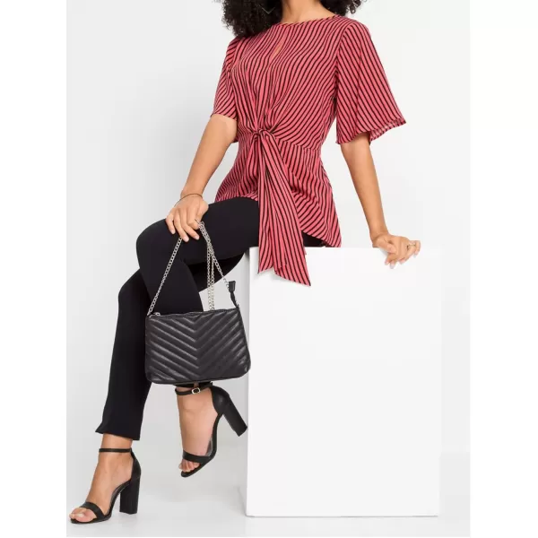 LYANER 2024 Women's Elegant Peplum Tops Crew Neck Tie Waist Short Bell Sleeve Stripe Shirts Blouse