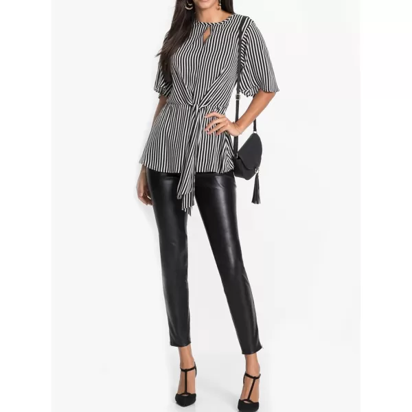 LYANER 2024 Women's Elegant Peplum Tops Crew Neck Tie Waist Short Bell Sleeve Stripe Shirts Blouse
