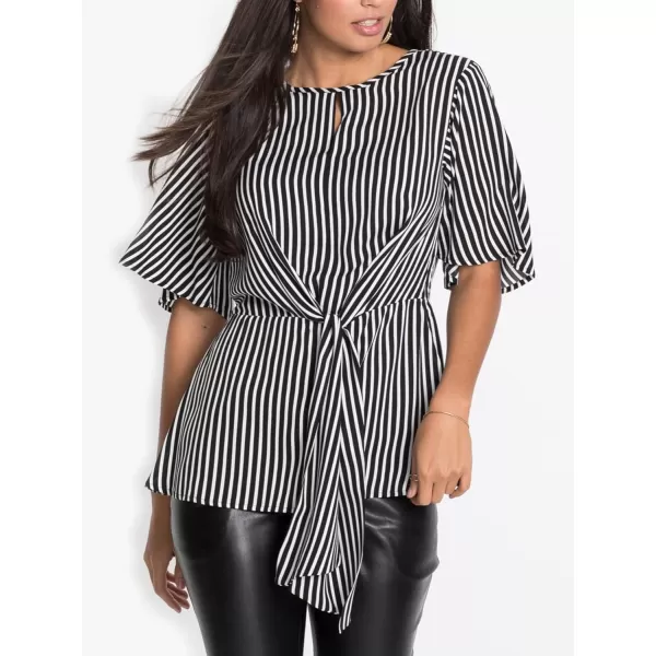 LYANER 2024 Women's Elegant Peplum Tops Crew Neck Tie Waist Short Bell Sleeve Stripe Shirts Blouse