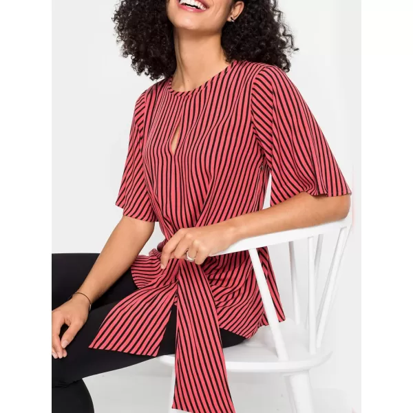 LYANER 2024 Women's Elegant Peplum Tops Crew Neck Tie Waist Short Bell Sleeve Stripe Shirts Blouse