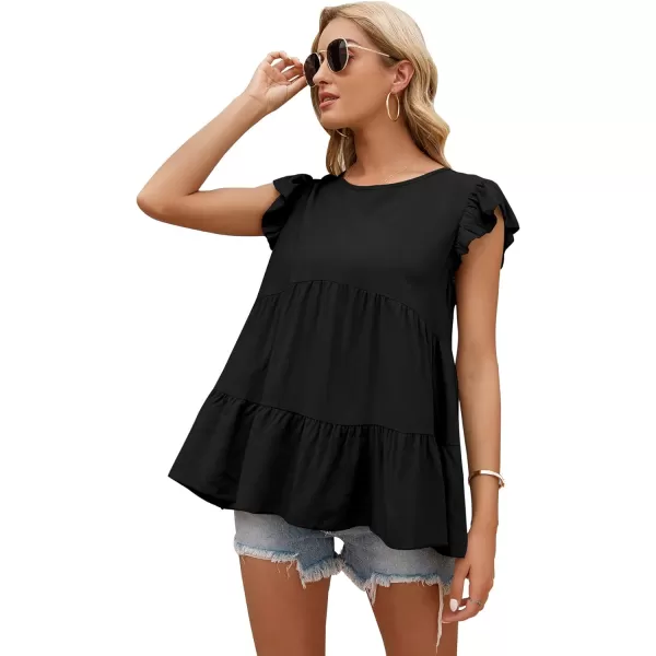 LYANER Women's Casual Crewneck Frill Cap Sleeve Ruffle Hem Babydoll Blouse Tops