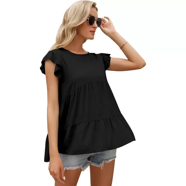 LYANER Women's Casual Crewneck Frill Cap Sleeve Ruffle Hem Babydoll Blouse Tops