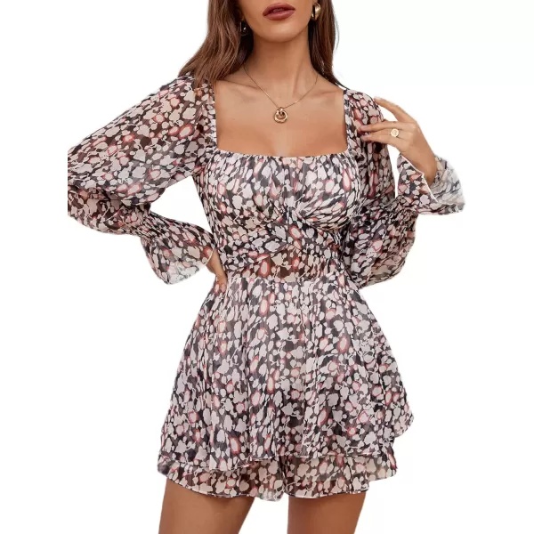 LYANER Women's Floral Print Off Shoulder Long Sleeve Ruffle Hem Romper Short Jumpsuit