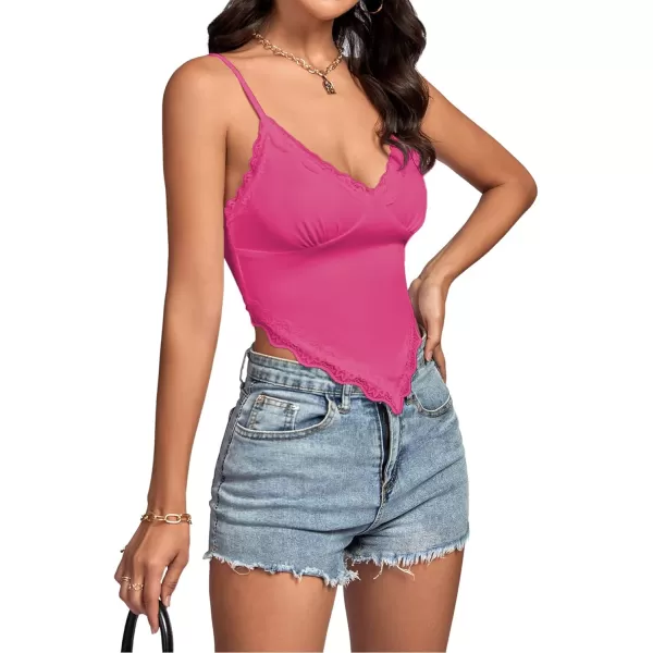 LYANER Women's Lace Trim V Neck Spaghetti Straps Sleeveless Fitted Cami Top