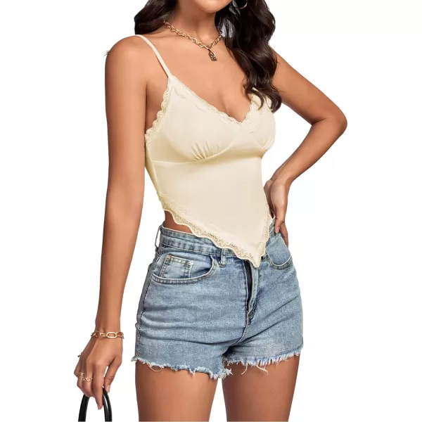 LYANER Women's Lace Trim V Neck Spaghetti Straps Sleeveless Fitted Cami Top