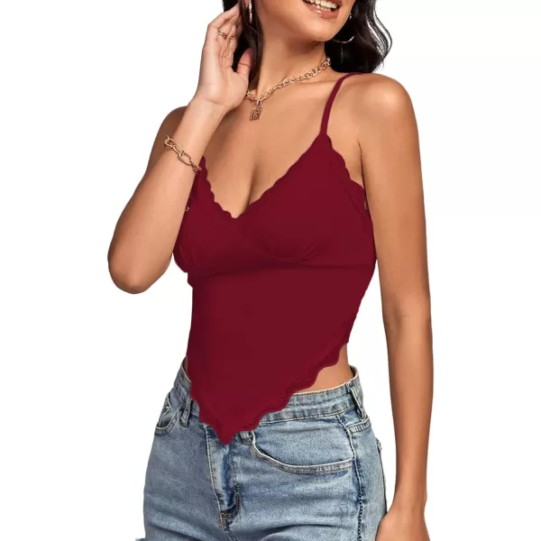 LYANER Women's Lace Trim V Neck Spaghetti Straps Sleeveless Fitted Cami Top