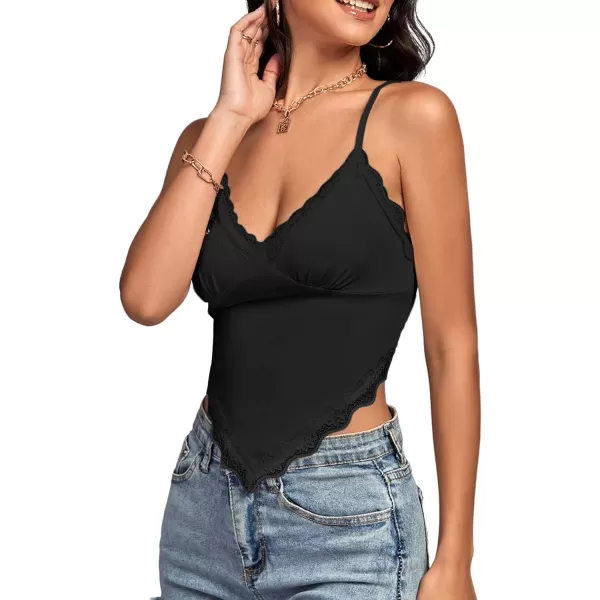 LYANER Women's Lace Trim V Neck Spaghetti Straps Sleeveless Fitted Cami Top