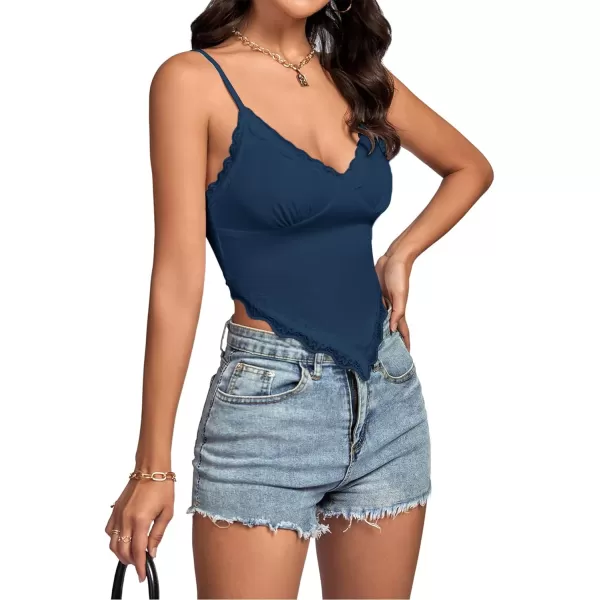 LYANER Women's Lace Trim V Neck Spaghetti Straps Sleeveless Fitted Cami Top