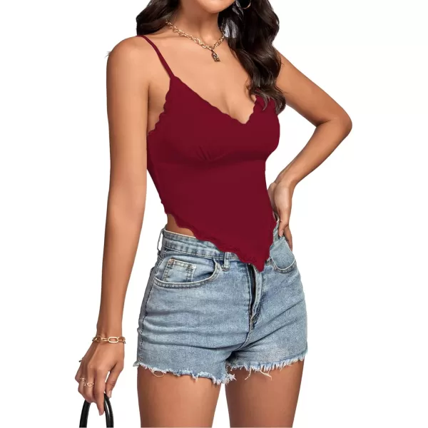 LYANER Women's Lace Trim V Neck Spaghetti Straps Sleeveless Fitted Cami Top