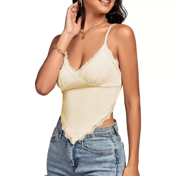 LYANER Women's Lace Trim V Neck Spaghetti Straps Sleeveless Fitted Cami Top