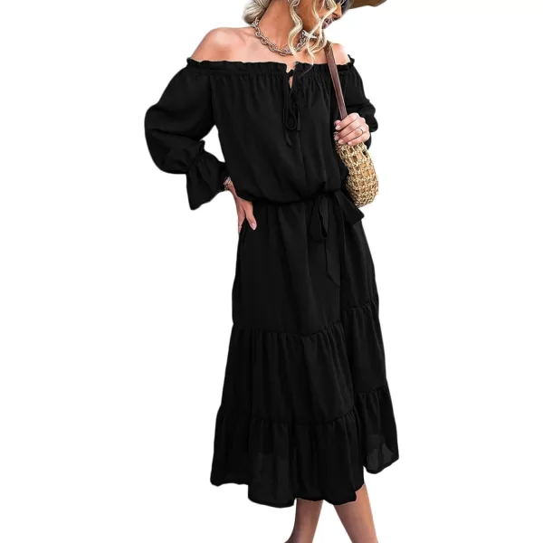 LYANER Women's Off Shoulder Crewneck Long Sleeve High Waist Smocked Flowy Midi Dress