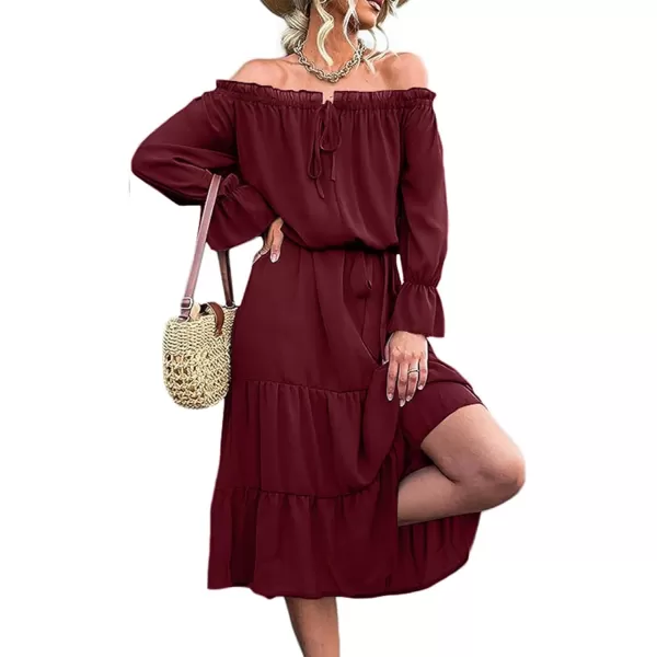 LYANER Women's Off Shoulder Crewneck Long Sleeve High Waist Smocked Flowy Midi Dress