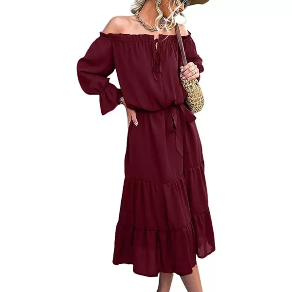 LYANER Women's Off Shoulder Crewneck Long Sleeve High Waist Smocked Flowy Midi Dress