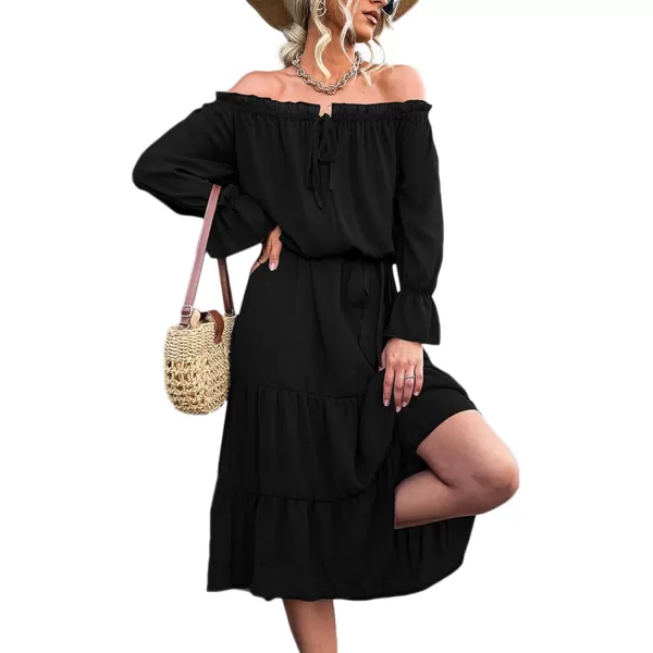 LYANER Women's Off Shoulder Crewneck Long Sleeve High Waist Smocked Flowy Midi Dress