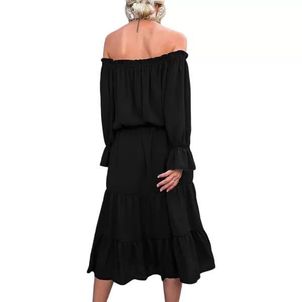 LYANER Women's Off Shoulder Crewneck Long Sleeve High Waist Smocked Flowy Midi Dress