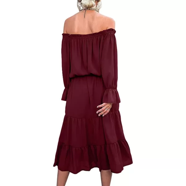 LYANER Women's Off Shoulder Crewneck Long Sleeve High Waist Smocked Flowy Midi Dress