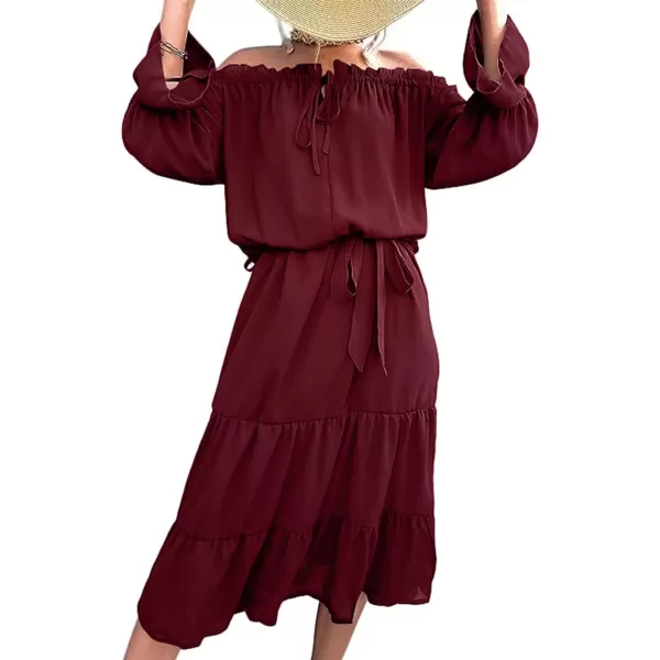 LYANER Women's Off Shoulder Crewneck Long Sleeve High Waist Smocked Flowy Midi Dress