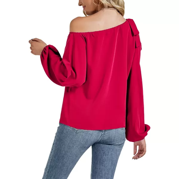 LYANER Women's Off Shoulder Lantern Long Sleeve Blouse Asymmetrical Neck Tie Knot Shirt