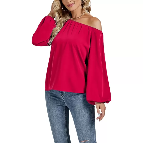 LYANER Women's Off Shoulder Lantern Long Sleeve Blouse Asymmetrical Neck Tie Knot Shirt
