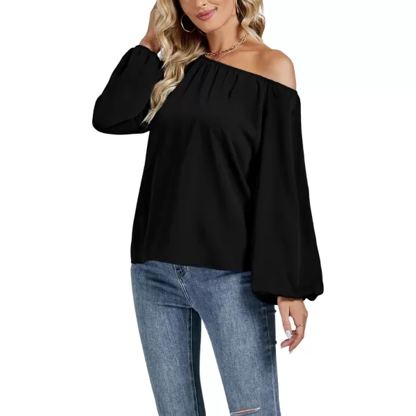 LYANER Women's Off Shoulder Lantern Long Sleeve Blouse Asymmetrical Neck Tie Knot Shirt
