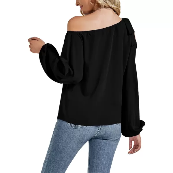 LYANER Women's Off Shoulder Lantern Long Sleeve Blouse Asymmetrical Neck Tie Knot Shirt