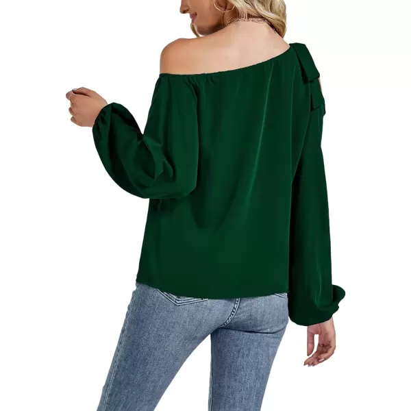 LYANER Women's Off Shoulder Lantern Long Sleeve Blouse Asymmetrical Neck Tie Knot Shirt