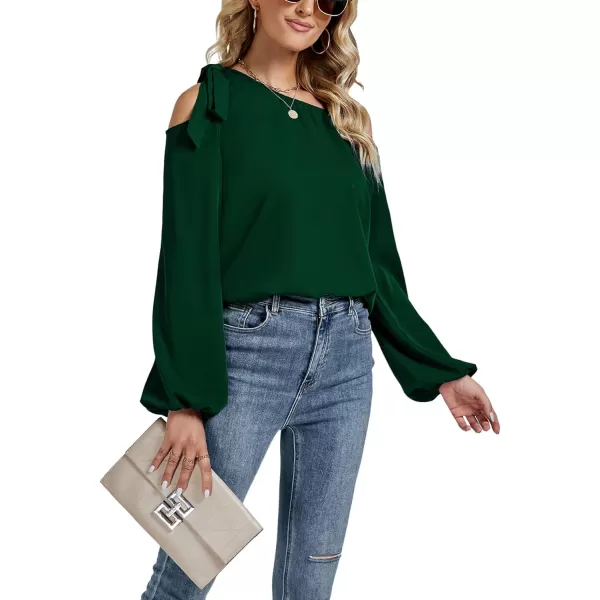 LYANER Women's Off Shoulder Lantern Long Sleeve Blouse Asymmetrical Neck Tie Knot Shirt