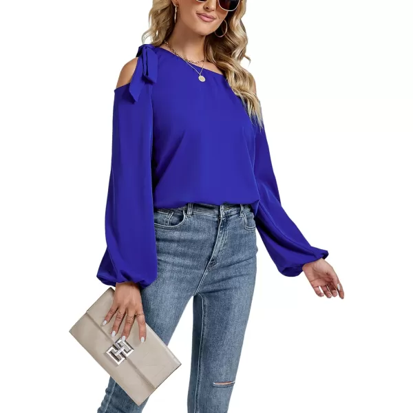 LYANER Women's Off Shoulder Lantern Long Sleeve Blouse Asymmetrical Neck Tie Knot Shirt