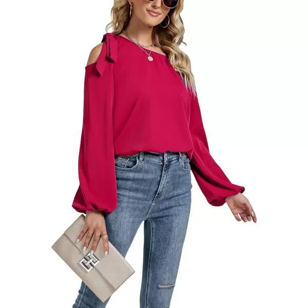 LYANER Women's Off Shoulder Lantern Long Sleeve Blouse Asymmetrical Neck Tie Knot Shirt