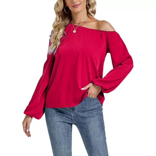 LYANER Women's Off Shoulder Lantern Long Sleeve Blouse Asymmetrical Neck Tie Knot Shirt