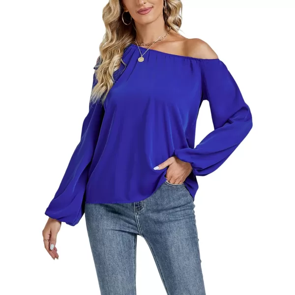 LYANER Women's Off Shoulder Lantern Long Sleeve Blouse Asymmetrical Neck Tie Knot Shirt
